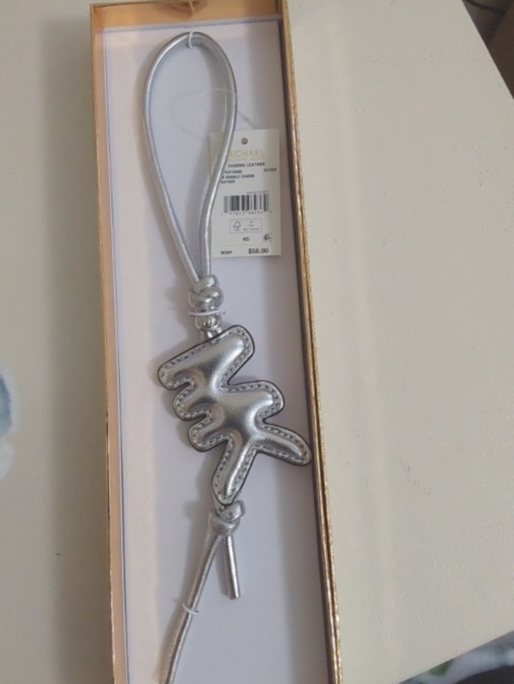 NWT Michael Kors Metallic Silver Leather Logo Charm Key Holder